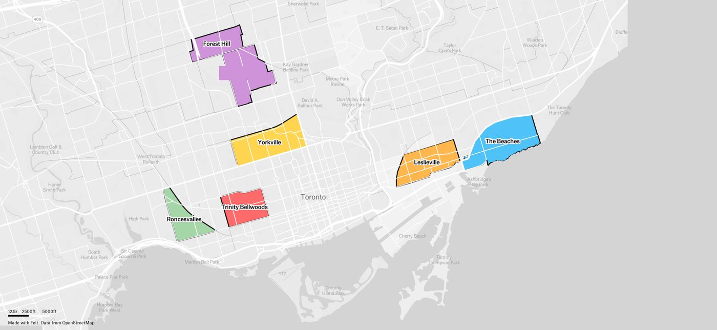 Toronto neighbourhood map showing The Beaches, Leslieville, Trinity Bellwoods, Roncesvalles, Forest Hill and Yorkville